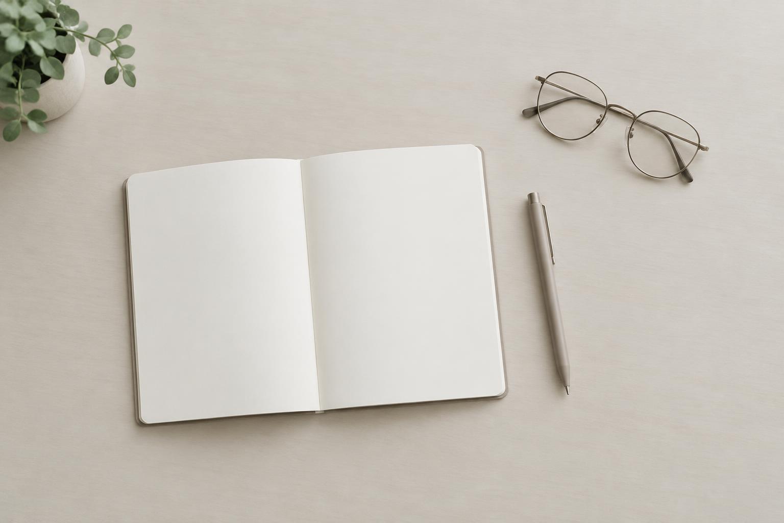 An open notebook, a pen and glasses on a desk